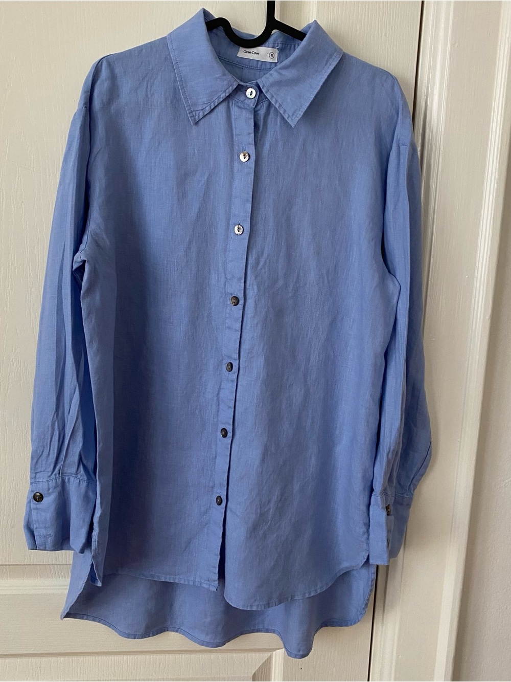 Grae Cove Blue Linen High Low Button Down Shirt Minimalist Lagenlook Size M